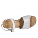 Woman's strap sandal in white leather and silver laminated suede with velcro and platform wedge heel 7 - Available sizes:  31, 32, 33, 34, 35, 42, 43, 44, 45