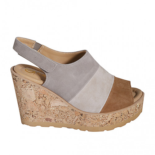 Woman's sandal with velcro, platform and elastic in cognac brown, beige and grey suede wedge heel 9 - Available sizes:  32, 33, 34, 35