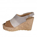 Woman's sandal with velcro, platform and elastic in cognac brown, beige and grey suede wedge heel 9 - Available sizes:  32, 33, 34, 35