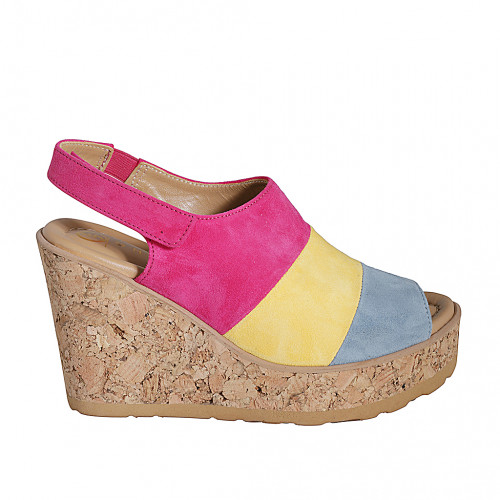 Woman's sandal with velcro, platform and elastic in blue grey, yellow and fuchsia suede wedge heel 9 - Available sizes:  31, 32, 34, 35