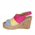 Woman's sandal with velcro, platform and elastic in blue grey, yellow and fuchsia suede wedge heel 9 - Available sizes:  31, 32, 33, 34, 35