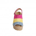 Woman's sandal with velcro, platform and elastic in blue grey, yellow and fuchsia suede wedge heel 9 - Available sizes:  31, 32, 34, 35