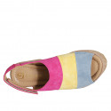 Woman's sandal with velcro, platform and elastic in blue grey, yellow and fuchsia suede wedge heel 9 - Available sizes:  31, 32, 34, 35