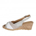 Woman's sandal in beige and platinum laminated suede and white leather wedge heel 5 - Available sizes:  32, 33, 34