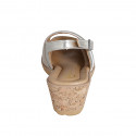 Woman's sandal in beige and platinum laminated suede and white leather wedge heel 5 - Available sizes:  32, 33, 34