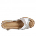 Woman's sandal in beige and platinum laminated suede and white leather wedge heel 5 - Available sizes:  32, 33, 34