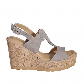 Woman's sandal in grey suede with rhinestones, platform and wedge 9 - Available sizes:  31, 32, 33, 34, 35