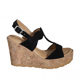 Woman's sandal in black suede with rhinestones, platform and wedge 9 - Available sizes:  31, 32, 33, 34, 35