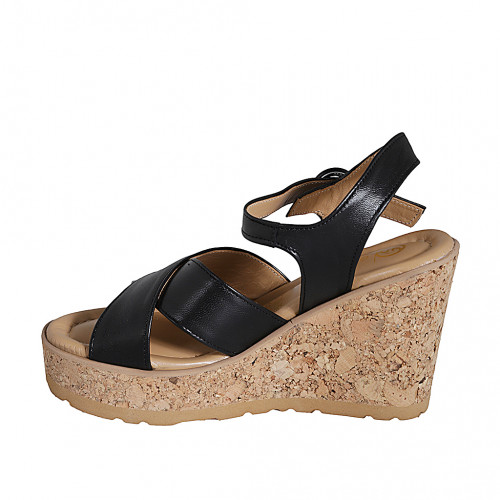 Woman's strap platform sandal in black leather wedge heel 9 - Available sizes:  31, 32, 33, 34, 35