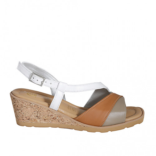 Sandale pour femmes en cuir cognac, blanc et taupe talon compensé 5 - Pointures disponibles:  32, 33, 34