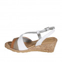 Woman's sandal in cognac brown, taupe and white leather wedge heel 5 - Available sizes:  32, 33, 34