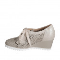 Woman's laced shoe in beige pierced leather and platinum laminated suede with removable insole wedge heel 6 - Available sizes:  32, 33, 34, 35, 42, 43, 44, 45, 46