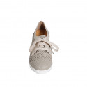 Chaussure pour femmes à lacets avec semelle amovible en cuir perforé beige et daim lamé platine talon compensé 6 - Pointures disponibles:  32, 33, 34, 35, 42, 43, 44, 45, 46