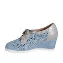 Woman's laced shoe in blue grey pierced suede and silver laminated leather with removable insole wedge heel 6 - Available sizes:  32, 33, 34, 35, 42, 43, 44, 45, 46