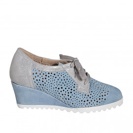 Woman's laced shoe in blue grey pierced suede and silver laminated leather with removable insole wedge heel 6 - Available sizes:  32, 33, 34, 35, 42, 43, 44, 45, 46