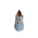 Woman's laced shoe in blue grey pierced suede and silver laminated leather with removable insole wedge heel 6 - Available sizes:  32, 33, 34, 35, 42, 43, 44, 45, 46