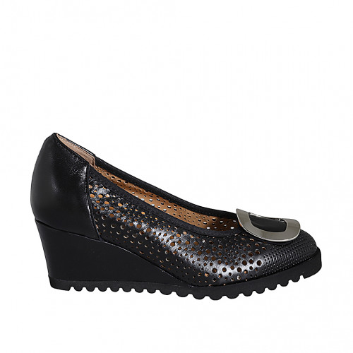 Escarpin pour femmes avec semelle amovible et accessoire en cuir et cuir perforé noir talon compensé 6 - Pointures disponibles:  32, 33, 34, 35