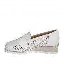 Woman's highfronted shoe with elastics and removable insole in cream pierced leather and silver laminated suede wedge heel 4 - Available sizes:  32, 33, 34, 42, 43, 45, 46