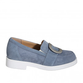 Woman's shoe with elastics and accessory in bluegrey suede heel 3 - Available sizes:  32, 33, 34, 35, 42, 43, 45, 46