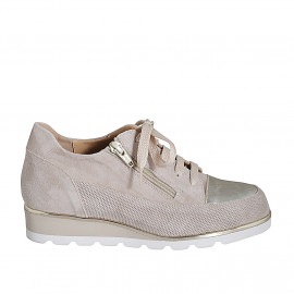 Woman's laced shoe with removable insole and zipper in beige suede and platinum laminated leather wedge heel 3 - Available sizes:  33, 42, 43, 44, 46