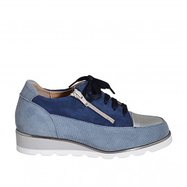 Scarpa stringata da donna con plantare estraibile e cerniera in camoscio azzurro e blu e pelle laminata argento zeppa 3 - Misure disponibili: 32, 33, 34, 35, 42, 43, 44, 46