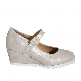 Woman's pump with strap and removable insole in platinum laminated beige suede wedge heel 6 - Available sizes:  42, 43, 44, 45, 46