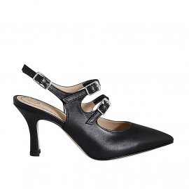 Pointy Mary Jane slingback with two straps in black leather heel 7 - Available sizes:  32, 35, 42, 44