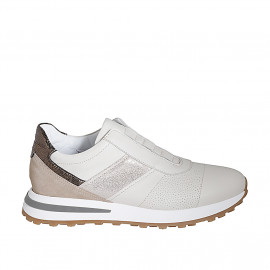 Zapato deportivo para mujer con elasticos y plantilla extraible en piel crema, gamuza beis y laminada bronce y platino cuña 4 - Tallas disponibles:  43, 44, 45, 46