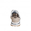 Woman's sneaker with elastics and removable insole in cream leather, beige, bronze and platinum laminated suede wedge heel 4 - Available sizes:  43, 44, 45, 46