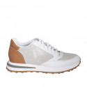 Woman's laced sneaker with removable insole in white and cognac brown leather and platinum laminated fabric wedge heel 4 - Available sizes:  42, 43, 44, 45, 46