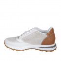 Woman's laced sneaker with removable insole in white and cognac brown leather and platinum laminated fabric wedge heel 4 - Available sizes:  42, 43, 44, 45, 46