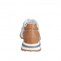 Woman's laced sneaker with removable insole in white and cognac brown leather and platinum laminated fabric wedge heel 4 - Available sizes:  42, 43, 44, 45, 46