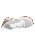 Woman's laced sneaker with removable insole in white and cognac brown leather and platinum laminated fabric wedge heel 4 - Available sizes:  42, 43, 44, 45, 46