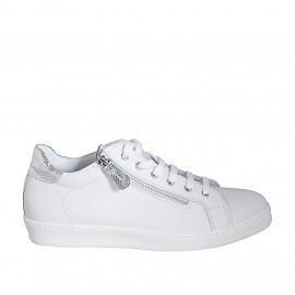 Chaussure à lacets avec semelle amovible et fermeture éclair en cuir blanc et cuir lamé argent talon compensé 3 - Pointures disponibles:  42, 43, 44, 45, 46