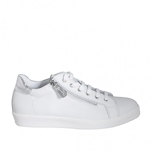 Chaussure à lacets avec semelle amovible et fermeture éclair en cuir blanc et cuir lamé argent talon compensé 3 - Pointures disponibles:  42, 43, 44, 45, 46