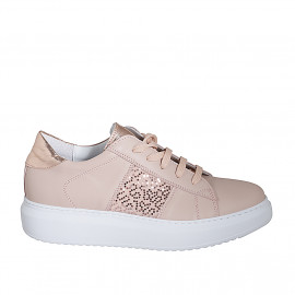 Zapato para mujer con cordones, lentejuelas y plantilla extraible en piel rosada y laminada cobrizo cuña 4 - Tallas disponibles:  43, 44, 45, 46