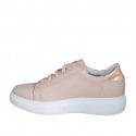 Chaussure à lacets avec semelle amovible et paillettes pour femmes en cuir rose et laminé cuivre talon compensé 4 - Pointures disponibles:  43, 44, 45, 46