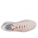 Chaussure à lacets avec semelle amovible et paillettes pour femmes en cuir rose et laminé cuivre talon compensé 4 - Pointures disponibles:  43, 44, 45, 46