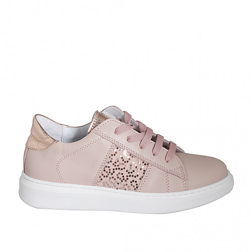 Chaussure à lacets avec semelle amovible et paillettes pour femmes en cuir rose et laminé cuivre talon compensé 3 - Pointures disponibles:  32, 33, 34, 35