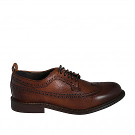 Men's laced high-quality derby shoe in cognac brown leather with wingtip - Available sizes:  36, 37, 38, 46, 47, 48, 49, 50, 51, 52, 53, 54