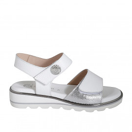 Woman's sandal with velcro strap and button in white leather and silver printed leather wedge heel 3 - Available sizes:  32, 33, 34, 35, 42, 43, 44, 45, 46