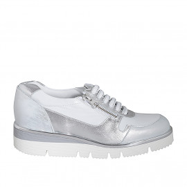 Woman's laced shoe with zippers in white leather and silver laminated leather wedge heel 4 - Available sizes:  32, 33, 34, 42, 43, 44