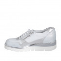 Woman's laced shoe with zippers in white leather and silver laminated leather wedge heel 4 - Available sizes:  32, 33, 34, 42, 43, 44