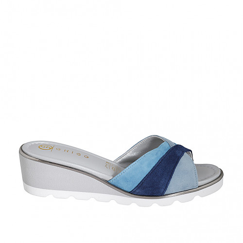 Woman's mule in light blue, blue grey and blue suede wedge heel 4 - Available sizes:  32, 33, 34, 35