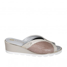 Woman's mule in platinum printed beige suede and light brown printed leather wedge heel 4 - Available sizes:  33, 34, 35