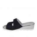 Woman's mules in blue and blue laminated printed suede with velcro strap and wedge heel 4 - Available sizes:  32, 33, 34, 35