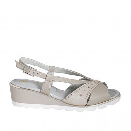 Woman's sandal in beige leather and platinum laminated printed suede with rhinestones and wedge heel 4 - Available sizes:  32, 33, 34, 35, 42, 43, 44, 45