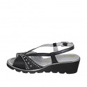 Woman's sandal in black leather and laminated printed suede with rhinestones and wedge heel 4 - Available sizes:  32, 33, 34, 35, 42, 43, 44, 45