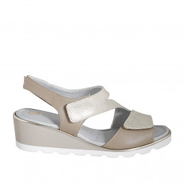 Woman's mules in beige leather and platinum laminated beige printed suede with velcro strap and wedge heel 4 - Available sizes:  32, 33, 34, 35, 44, 45