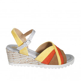 Woman's strap sandal in yellow, cognac brown and orange suede and silver leather with raffia wedge heel 5 - Available sizes:  32, 42, 43, 44, 45